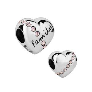 925 sterling silver heart Engraved FAMILY Pink CZ Charm Fits Pandora